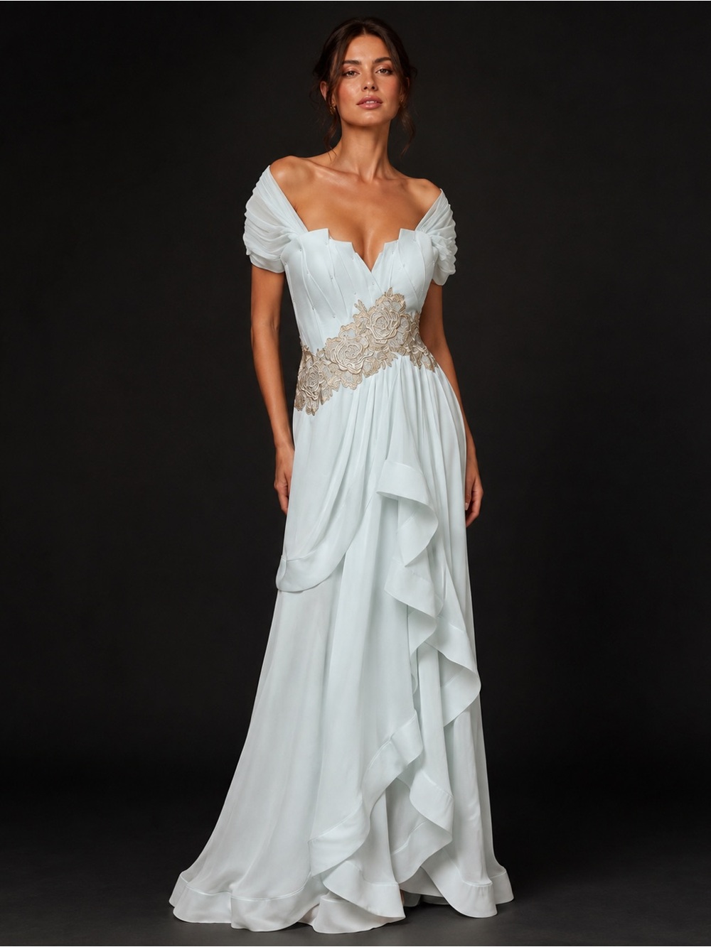 Alex Teih Couture Blue Green Silk Evening Gown Formal Wedding Embellished Dress